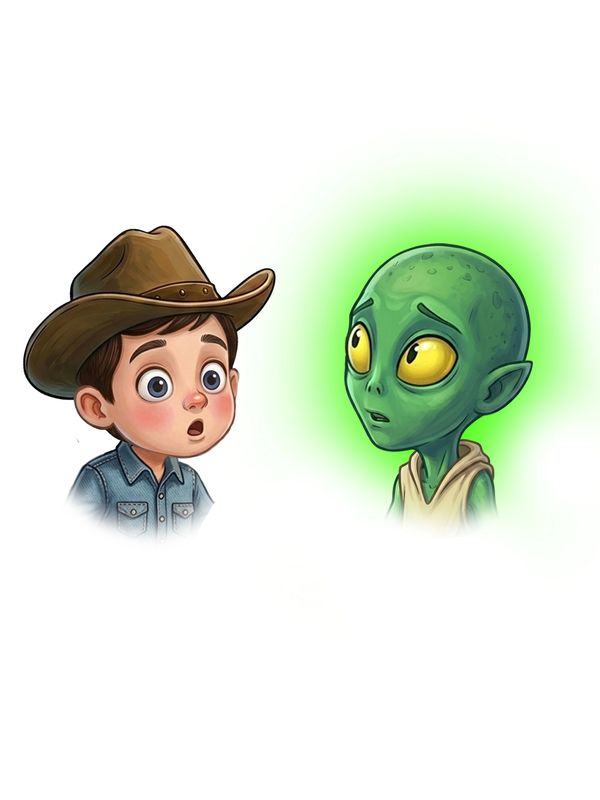 A surprised boy in a cowboy hat meets a glowing green alien with big yellow eyes.