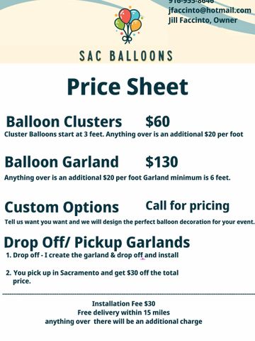 Sac Balloons price sheet for balloon clusters, garlands, custom options, and delivery details.