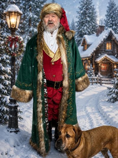 Man in festive winter costume with dog in snowy setting.