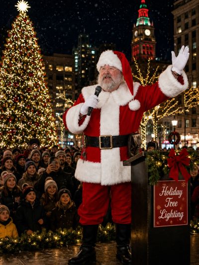 Santa Claus at a holiday tree lighting event speaking to a crowd.