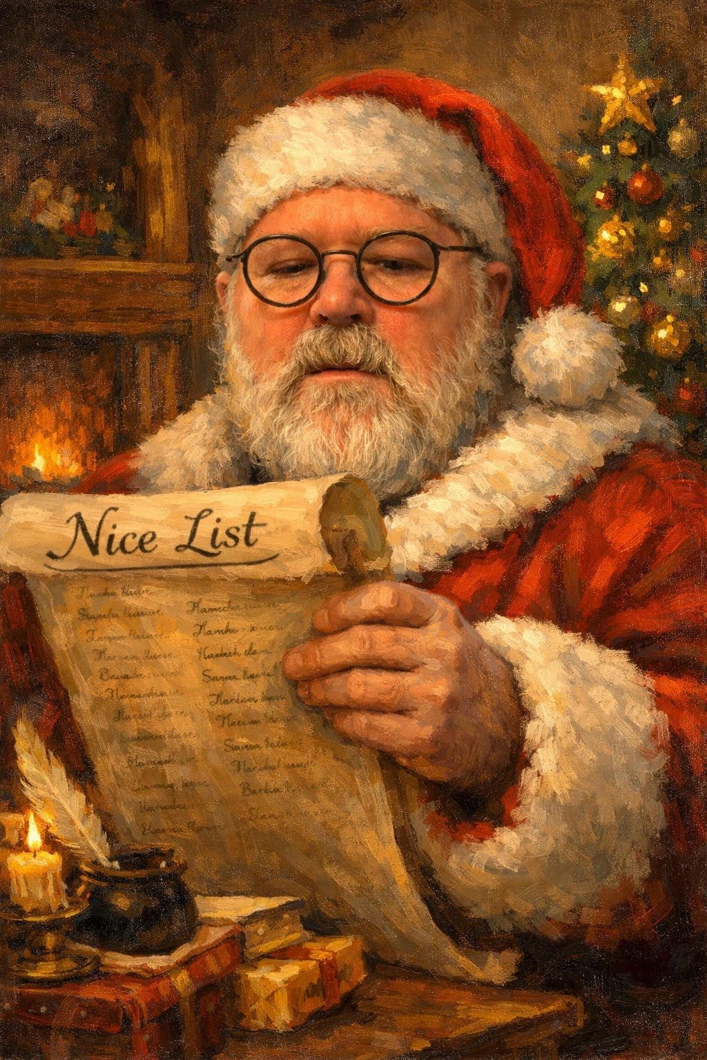 Santa Claus reading the Nice List by candlelight.