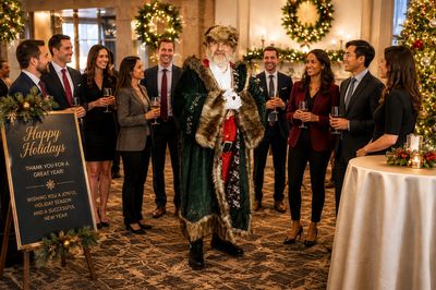 Santa Claus entertains guests at a holiday party.