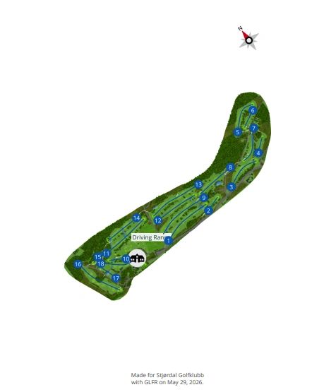 Map of Stjørdal Golfklubb showing 18 holes and driving range layout.