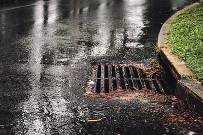 Wet street with a clogged storm drain.
