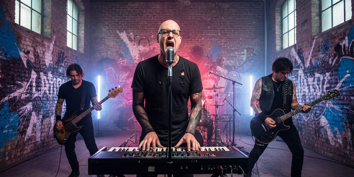 Rock band performing energetically in an urban, graffiti-covered studio.