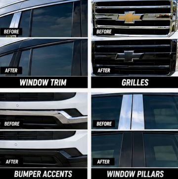 Before and after images of car parts with blacked-out trims and accents.