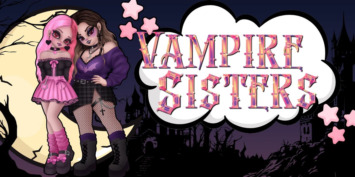 Two gothic vampire sisters stand under a full moon with a spooky castle backdrop.