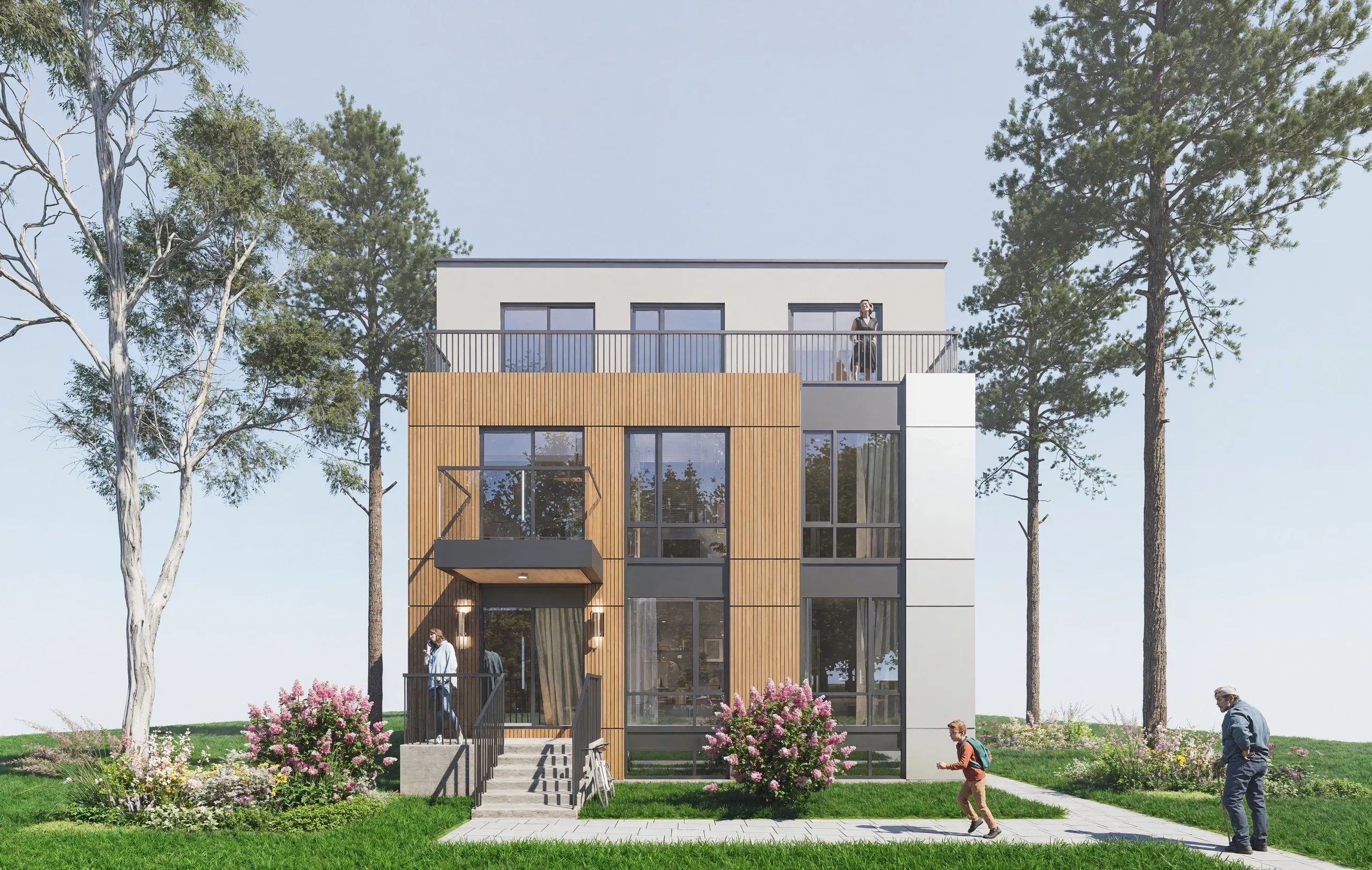 Modern two-story house with people and greenery around.