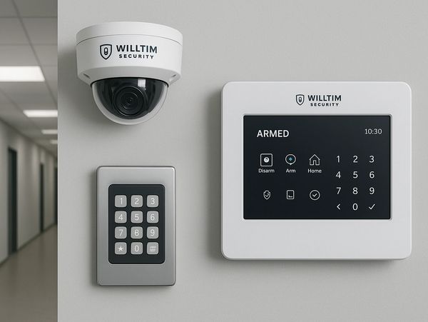 Modern security system with camera, keypad, and touchscreen panel on a wall.