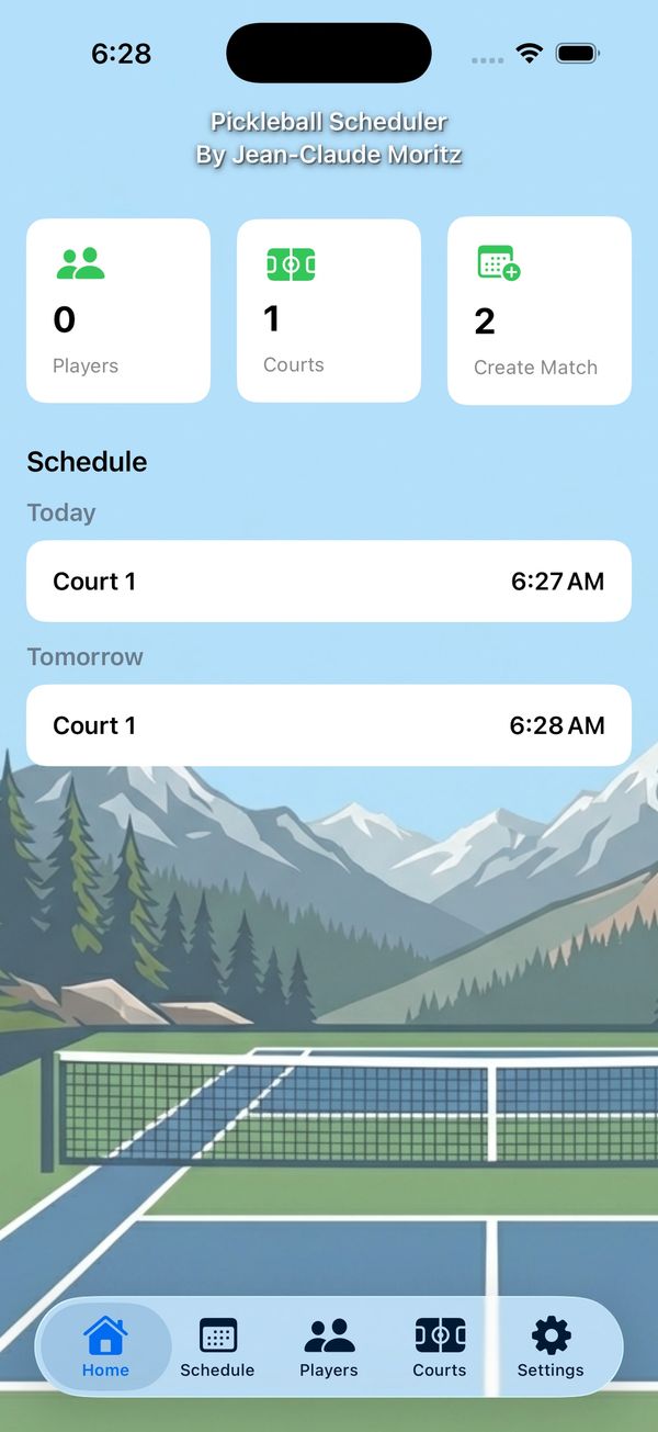 Pickleball Scheduler app showing courts and matches with mountain background.