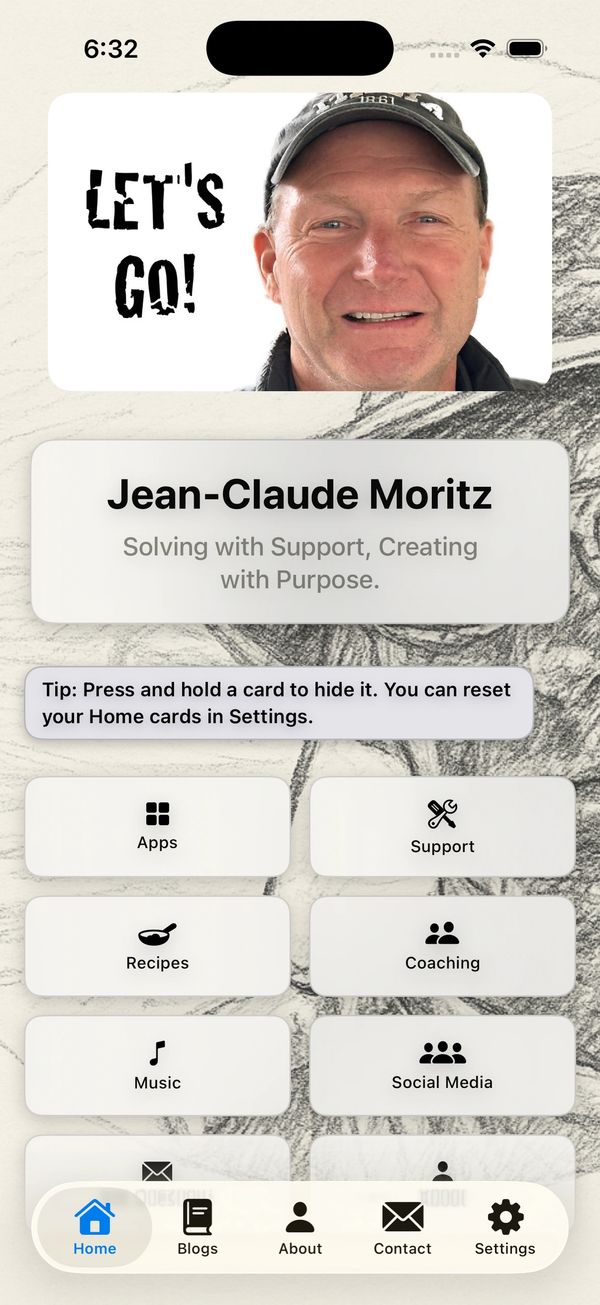 Mobile app home screen for Jean-Claude Moritz with various support and media options.