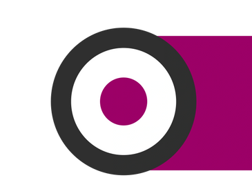 Abstract logo with concentric circles and a magenta rectangle.