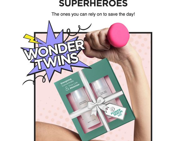 Advertising Wonder Twins skincare set as superheroes saving the day.