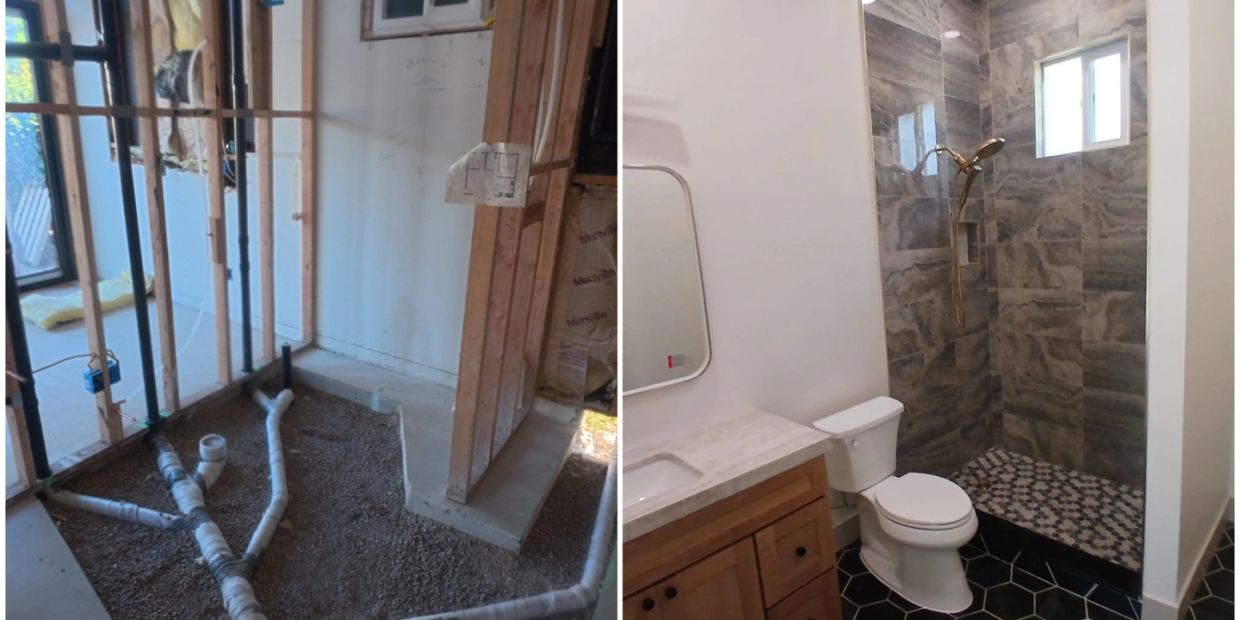 Before and after images of bathroom renovation with exposed pipes and finished bathroom.