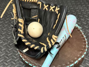 A baseball glove holding a ball beside a small bat on a padded surface.