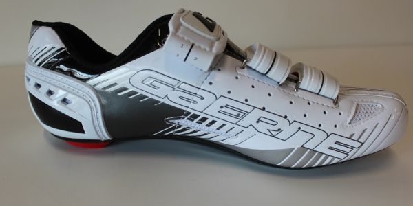 White and black Gaerne cycling shoe.