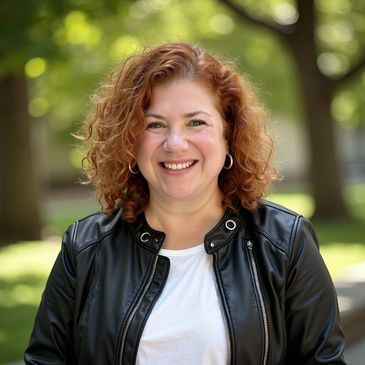Smiling woman with curly red hair in a black leather jacket outdoors.