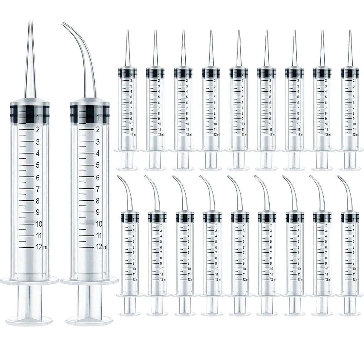 12 ml Plastic Syringes Set, Dental Syringe with Curved Tip and Straight