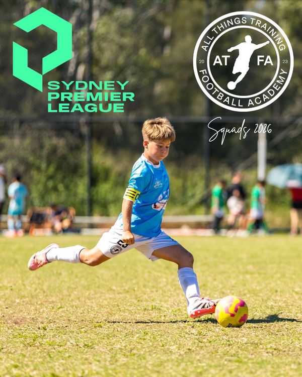 Young soccer player kicks ball during Sydney Premier League match.