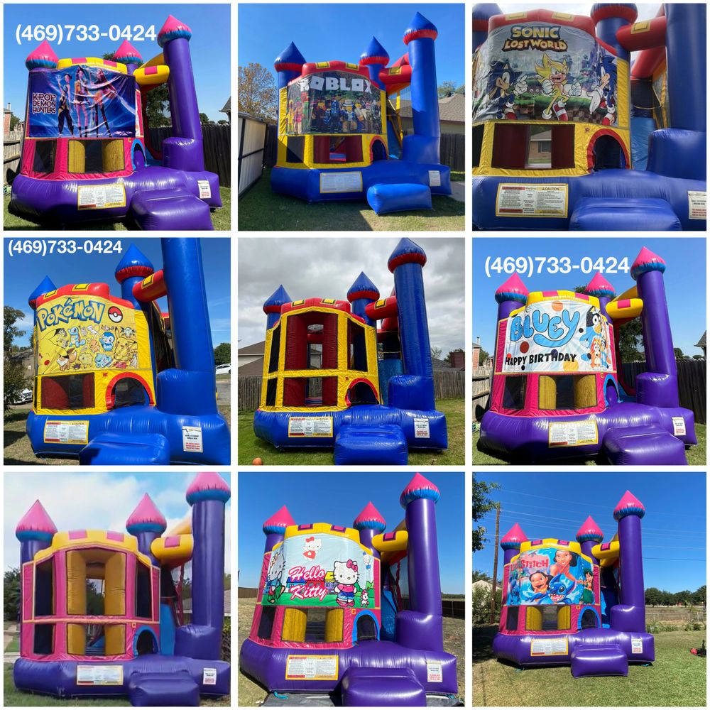 Colorful inflatable bounce houses with popular cartoon themes and a contact phone number.