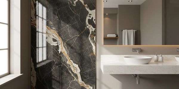 Modern bathroom with elegant dark marble feature wall and white vessel sinks.