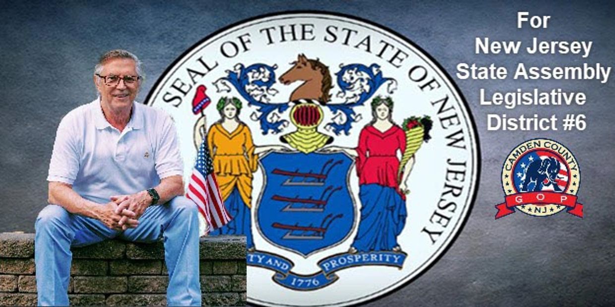 Man poses beside New Jersey State Seal for political campaign in District 6.