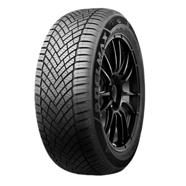 Close-up of a black car tire with detailed tread pattern.