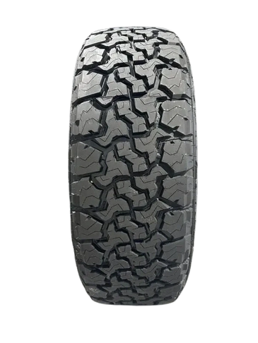 Close-up of a rugged all-terrain tire tread.