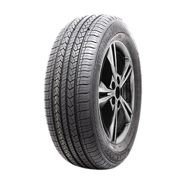 Black car tire with alloy wheel.