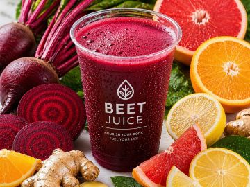 A glass of beet juice surrounded by fresh fruits and vegetables.
