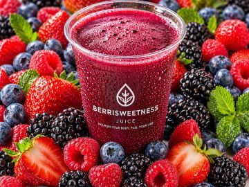 A berry smoothie surrounded by fresh berries.