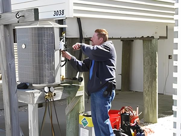 Technician working on an AC unit outside a house.