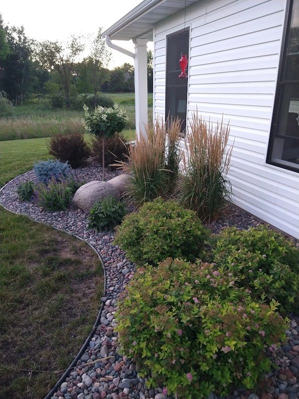 Modern farmhouse landscape planting bed with decorative rock, shrubs, perennials, ornamental tree