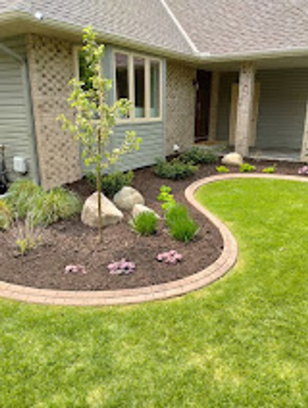 Front yard landscape foundation planting with mulch topdress