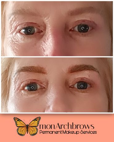 Before and after permanent eyebrow makeup service.