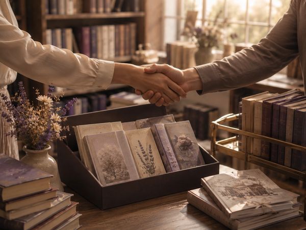 Two people shaking hands over a table with vintage books.
