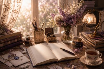 Cozy vintage desk setup with an open notebook and flowers.