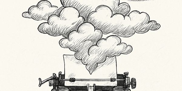 Sketch of a typewriter with clouds emerging from the paper.