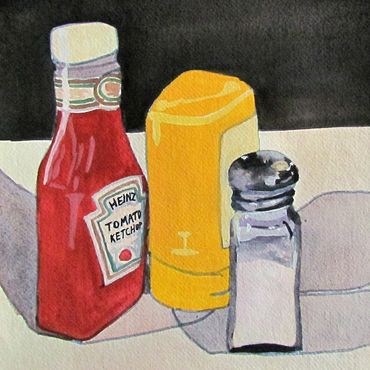 Painting of ketchup mustard bottles and a salt dispenser.