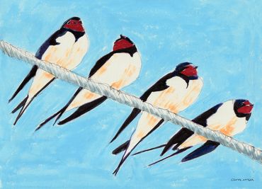 A drawing of Four Swallows sitting on a wire.