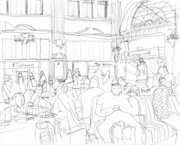 Pen and ink line drawing of Waverley Station in Edinburgh