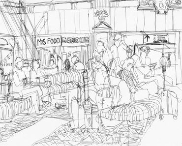 Pen and ink line drawing of Waverley Station in Edinburgh