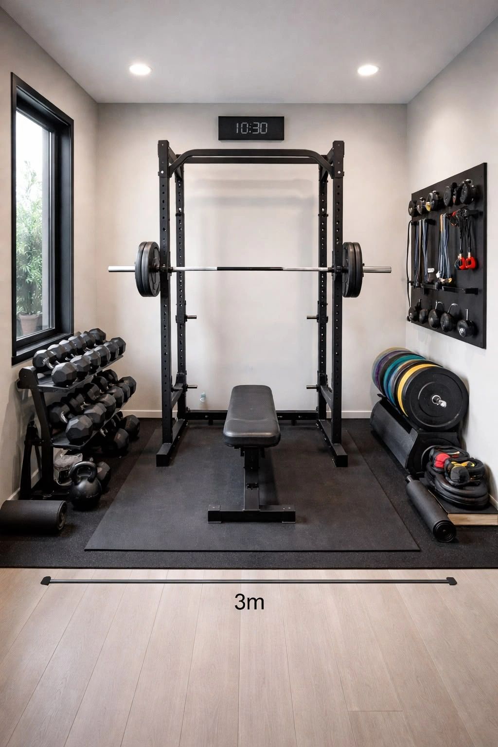 Compact home gym with weightlifting and resistance training equipment.