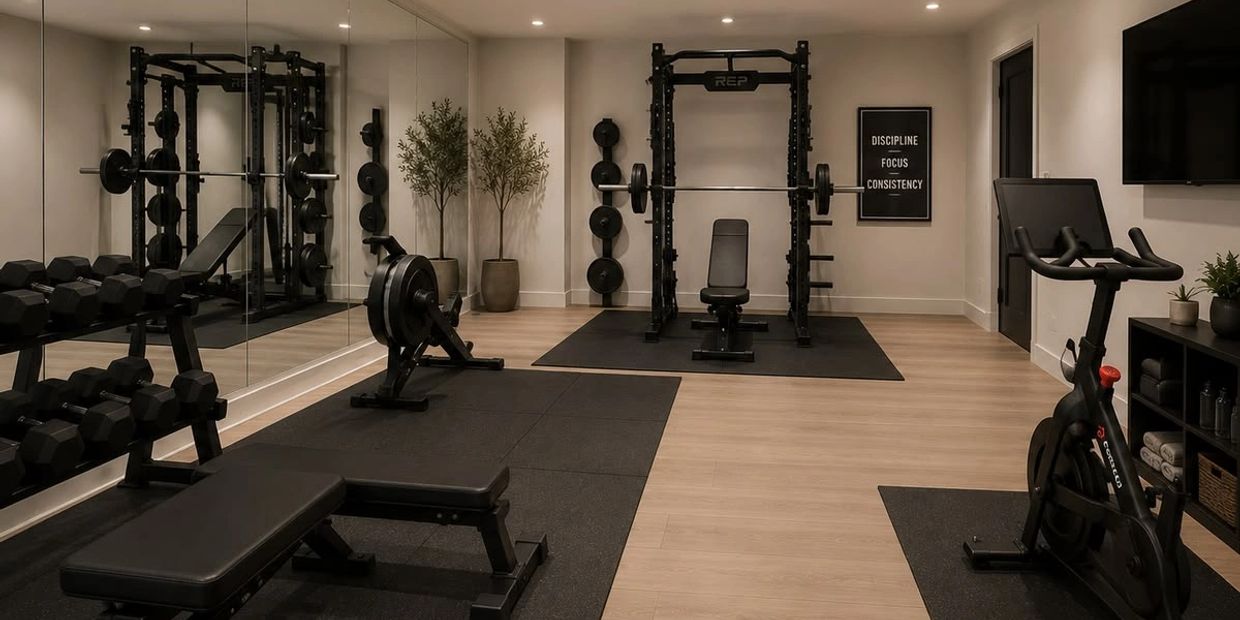 Modern home gym with weights, exercise bike, and motivational wall art.