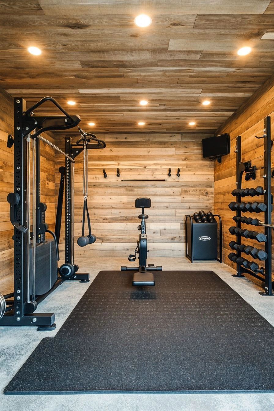 A modern home gym with wood-paneled walls and various fitness equipment.