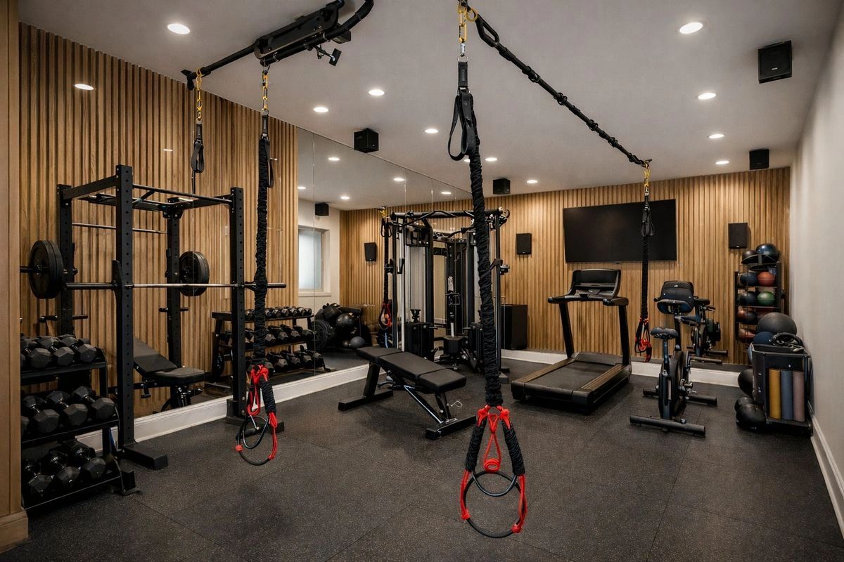 Modern home gym with weights, treadmill, and suspension trainers.