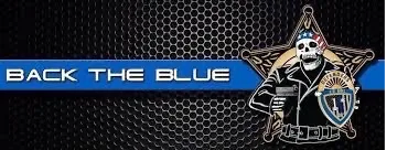 Graphic with 'Back the Blue' text and a skeleton police officer emblem.