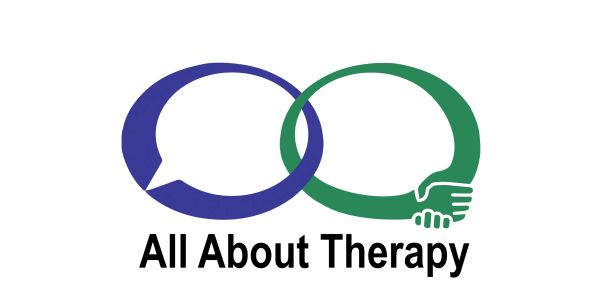 Logo with two speech bubbles and handshake labeled All About Therapy.