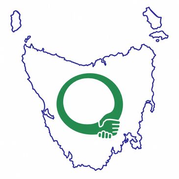 Outline of Tasmania with a green circle clasping two hands inside.