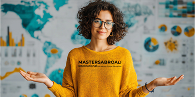 A woman in glasses and yellow sweater gestures with both hands in front of educational charts.